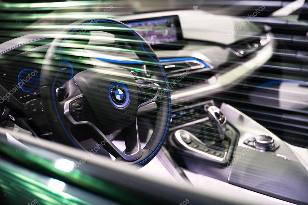 BRUSSELS, BELGIUM - MARCH 25, 2015: Interior view of BMW i8, the newest generation plug-in hybrid sports car developed by BMW.