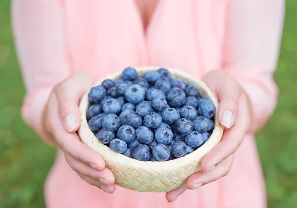 Blueberries in woman hands — Stock Photo, Image