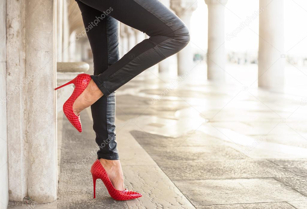 high heels leather pants