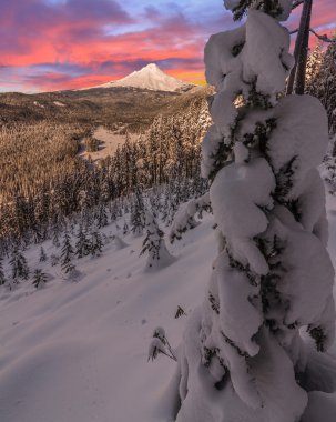 Mount Hood Oregon, ABD fırtınalı kış manzara.
