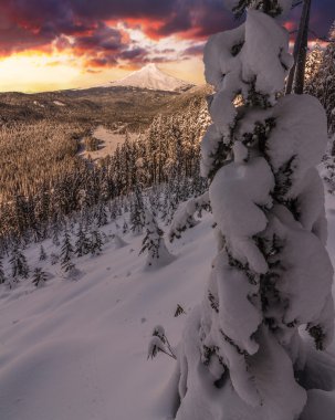 Mount Hood Oregon, ABD fırtınalı kış manzara.