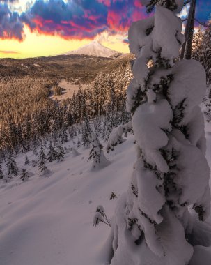 Mount Hood Oregon, ABD fırtınalı kış manzara.