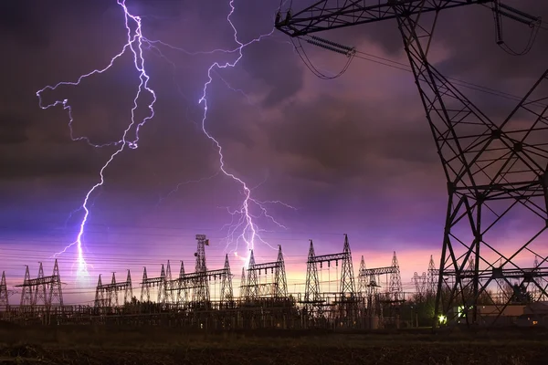 Power Distribution Station with Lightning Strike. — Stock Photo, Image