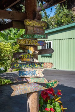 Yerel ve uzak yerleri gösteren sayısız işaretli ahşap havuz fotoğrafı..