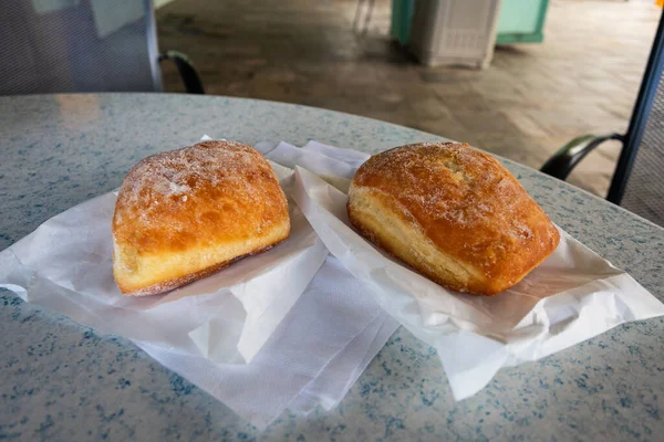 Two Sugar Topped Malasadas Portuguese Donuts Restaurant Table Big Island — Stock Photo, Image