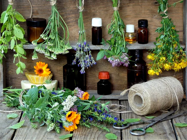 Mazzi di erbe curative - menta, achillea, lavanda, trifoglio, issopo, milfoil, malta con fiori di calendula e bottiglie — Foto Stock