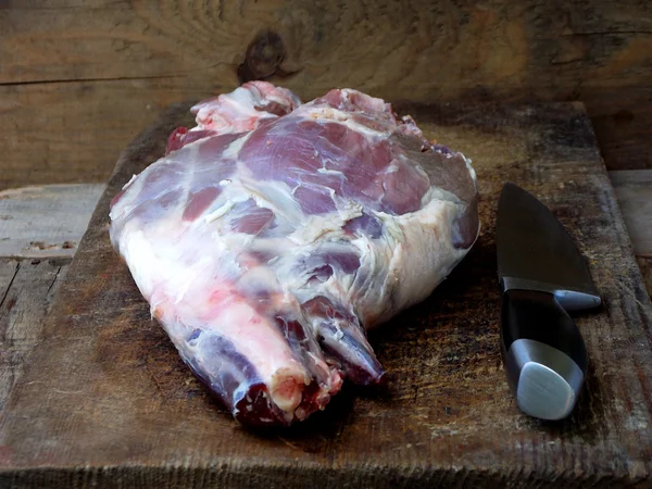 Fresh Raw Meat Leg Lamb Wooden Board Knife Roasting Stewing — Stock Photo, Image