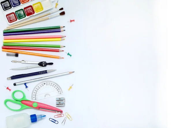 School supplies side border on white background — Stock Photo, Image