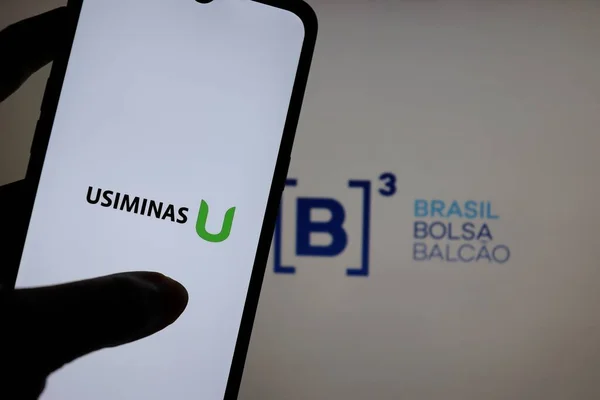 Bahia Brasil Febrero 2021 Logotipo Usiminas Pantalla Del Teléfono Inteligente — Foto de Stock