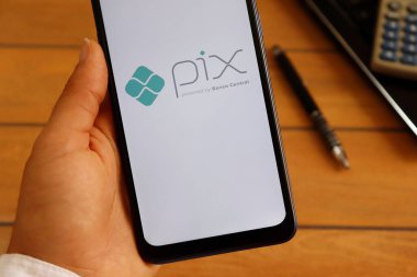 Bahia, Brezilya - 11 Aralık 2020. Pix logosu olan akıllı telefonu elinde tutan bir kadın, ofis masasında. Pix Brasil ani bir ödeme sistemidir..