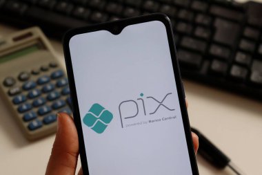 Bahia, Brezilya - 9 Aralık 2024. Ekranda Pix logosu, bilgisayarda klavyesi ve arka planda kalemi olan akıllı telefonu tutan kadın. Pix Brasil ani bir ödeme sistemidir..