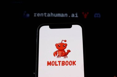 Salvador, Brezilya - 9 Şubat 2026: Moltbook sosyal medya logosu ve RentAHuman.I web sitesi. AI konsepti.