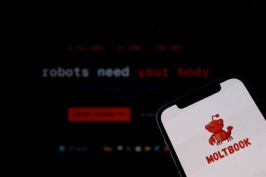 Salvador, Brezilya - 9 Şubat 2026: Moltbook sosyal medya logosu ve RentAHuman.I web sitesi. AI konsepti.