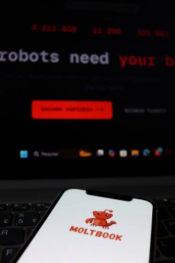 Salvador, Brezilya - 9 Şubat 2026: Moltbook sosyal medya logosu ve RentAHuman.I web sitesi. AI konsepti.