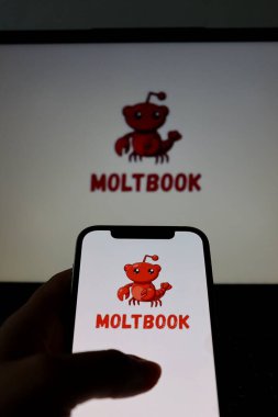 Salvador, Brezilya - 9 Şubat 2026: Moltbook sosyal ağı ekranda gösterildi. Yapay zeka özel topluluğu kavramı. Moltbook Yapay Zeka logosu.