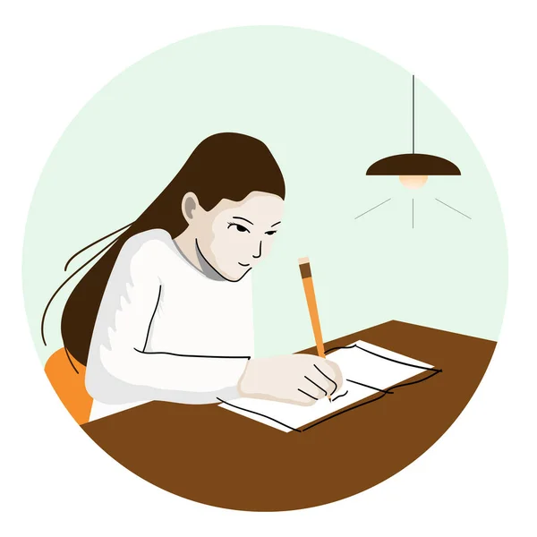 Ilustración Una Estudiante Escribiendo Libro Con Lápiz Casa Diseño Plano Vector De Stock