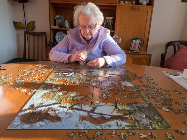 Elderly Lady Sits Table Jigsaw Puzzle She Has Gin Tonic — Stock Photo, Image