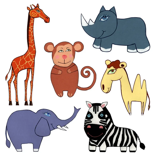 Collection of exotic  cartoon  animals from jungle with giraffe, elephant, camel, monkey, zebra and rhino.  Perfect for kids.  Gouache illustration. Isolated elements on white background. Can be used  for  children textile, stationery and books.