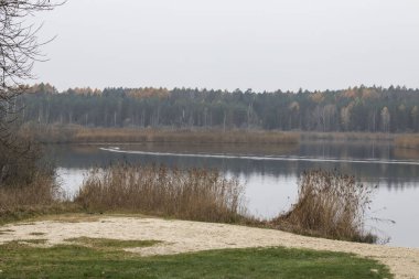 Sonbaharda ağaçların arasında güzel bir göl