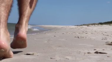 Genç adam köpeğiyle plajda koşuyor.