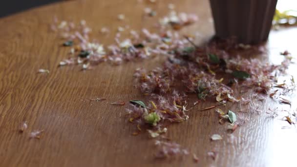 Fresh Dried Flowers Stand Wooden Table Window — Stock Video