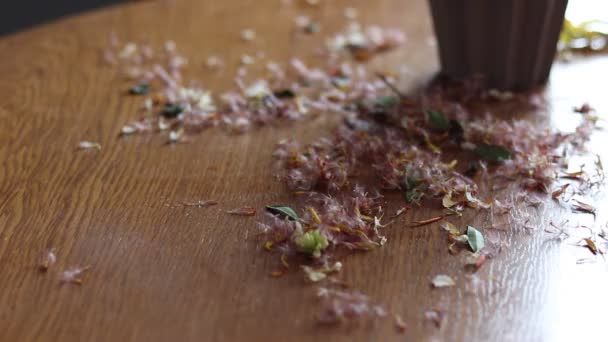 Verse Gedroogde Bloemen Staan Een Houten Tafel Een Raam — Stockvideo