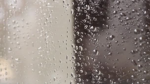 Krople Deszczu Szkle Okno Deszczowy Dzień Zwilżyć Szkło Dużymi Kroplami — Wideo stockowe