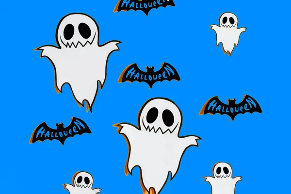 Spöken Och Fladdermöss Gul Och Blå Bakgrund Halloweenfest — Stockfoto