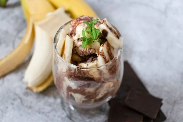 Muzlu çikolatalı dondurma. Gri ve ağaç arkaplanı