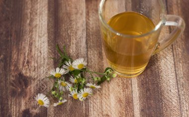 Ahşap arka planda papatya çayı. Bir fincan papatyanın yanında.