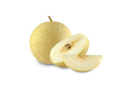 Çin armudu veya Pyrus meyvesi (tam, yarım, parça) kırpma yolu ile beyaz zemin üzerinde izole