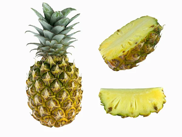 Uppsättning Ananas Full Halv Bit Isolat Vit Bakgrund Med Klippning — Stockfoto