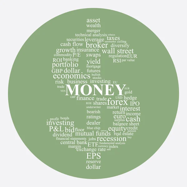 Money and Investing concept illustration in a dollar shape word collage — Stock Vector