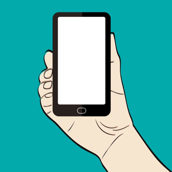 Man handen håller en smart telefon på grön bakgrund — Stock vektor