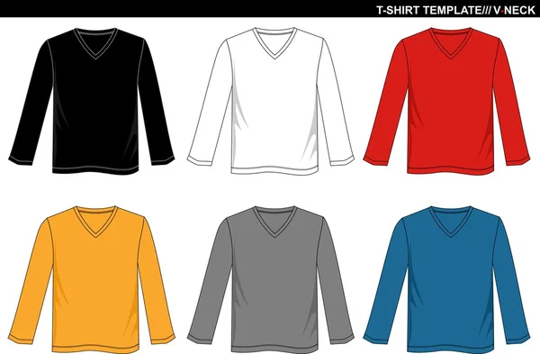 T SHIRT LONG SLEEVE V-NECK - Stok Vektor