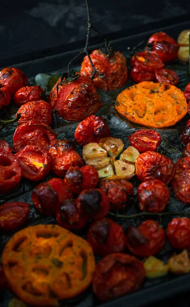 Baked Tomatoes Eggplant Zucchini Fresh Vegetables Table Market Vegetable Garden ストック画像