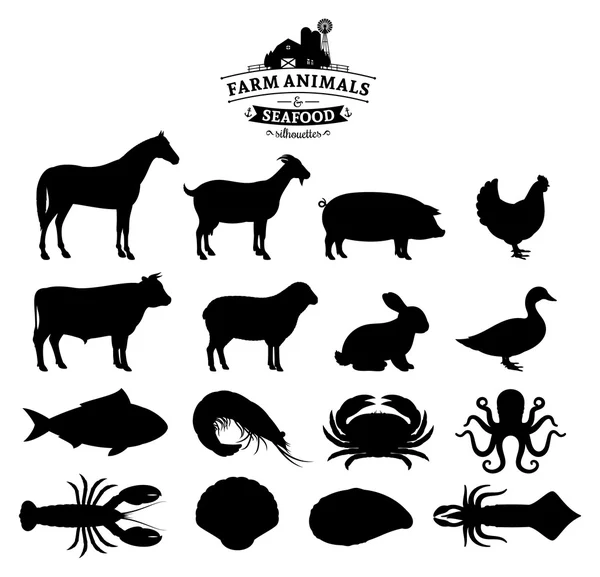 Collezione Vector Farm Animals and Seafood Silhouettes — Vettoriale Stock