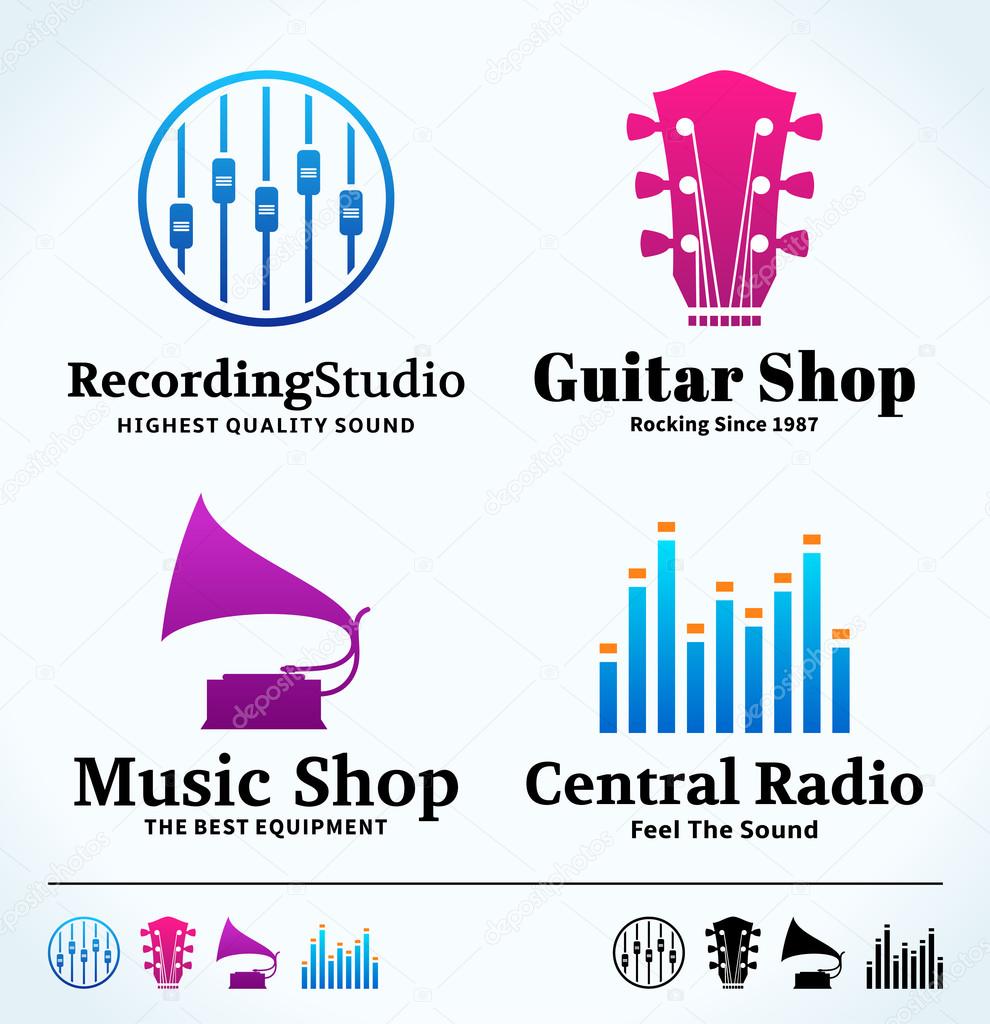 Set of vector music logo. Music studio, radio and shop labels with sample text. Music icons for audio store, recording studio label, podcast and radio station, branding and identity.