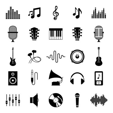 Beyaz izole vektör müzik simgeler kümesi