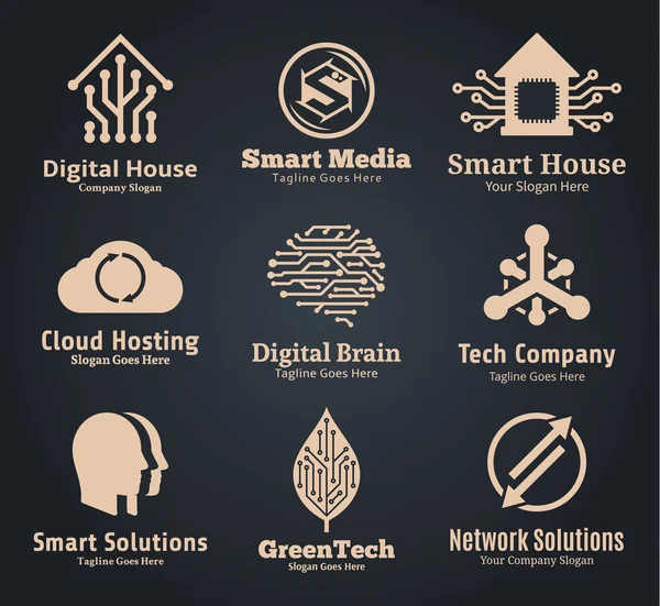 Conjunto de tecnología vectorial, red y logotipo de la informática — Archivo Imágenes Vectoriales