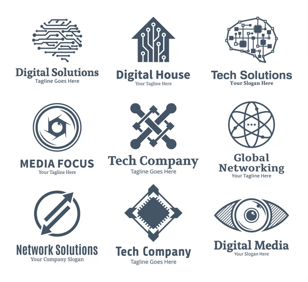 Conjunto de tecnología vectorial, red y logotipo de la informática — Archivo Imágenes Vectoriales