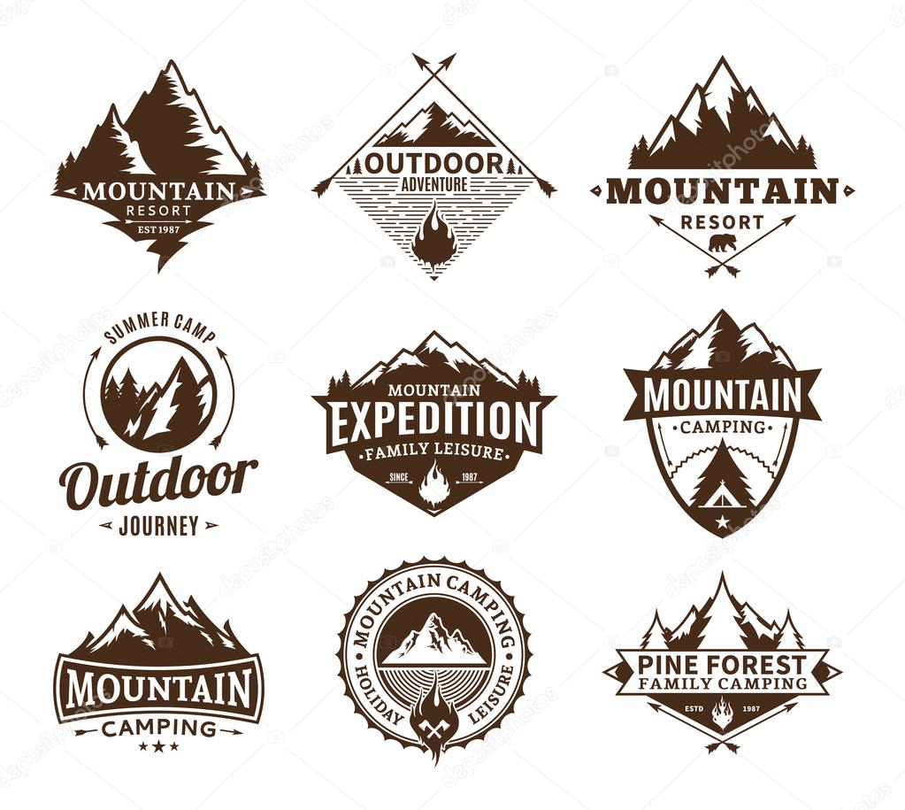 Set of camping and outdoor activity logo. Tourism, hiking and camping labels. Camping and travel icons for tourism organizations, outdoor events and camping leisure.