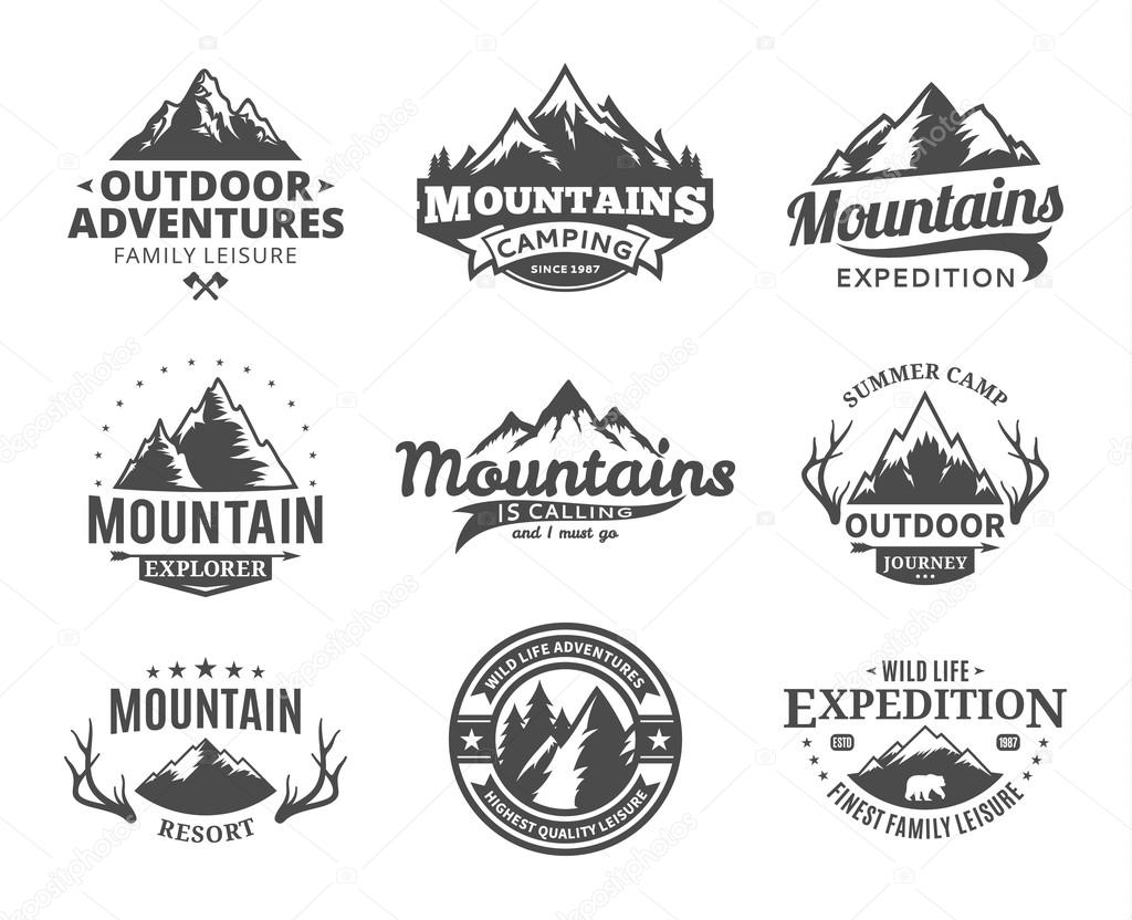 Set of vector mountain and outdoor adventures logo. Tourism, hiking and camping labels. Mountains and travel icons for tourism organizations, outdoor events and camping leisure.