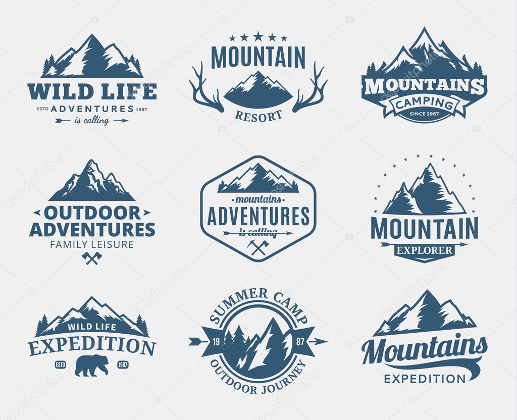 Set of vector mountain and outdoor adventures logo. Tourism, hiking and camping labels. Mountains and travel icons for tourism organizations, outdoor events and camping leisure.