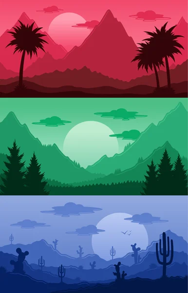 Montanhas, paisagens tropicais e desérticas ilustração vetorial — Vetor de Stock