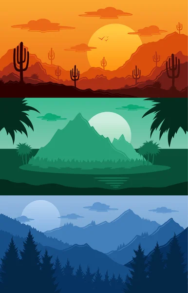 Mountains, tropical and desert landscapes vector illustration