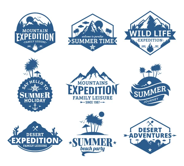 Set of vector summer, mountain and outdoor adventures logo — Stock Vector