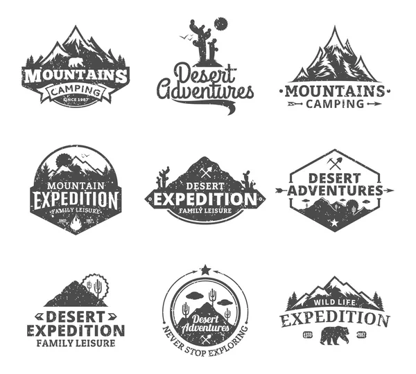 Set of vector summer, mountain and outdoor adventures logo — Stock Vector