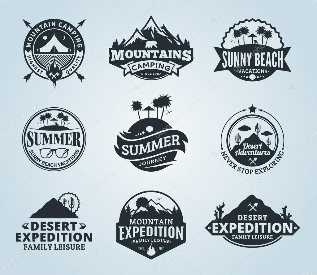Set of vector summer, mountain and outdoor adventures logo. Tourism, hiking and camping labels. Mountains and travel icons for tourism organizations, outdoor events and summer leisure