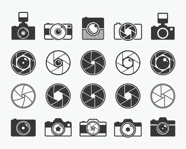 Obturador de cámara, lentes e iconos de cámara fotográfica — Vector de stock